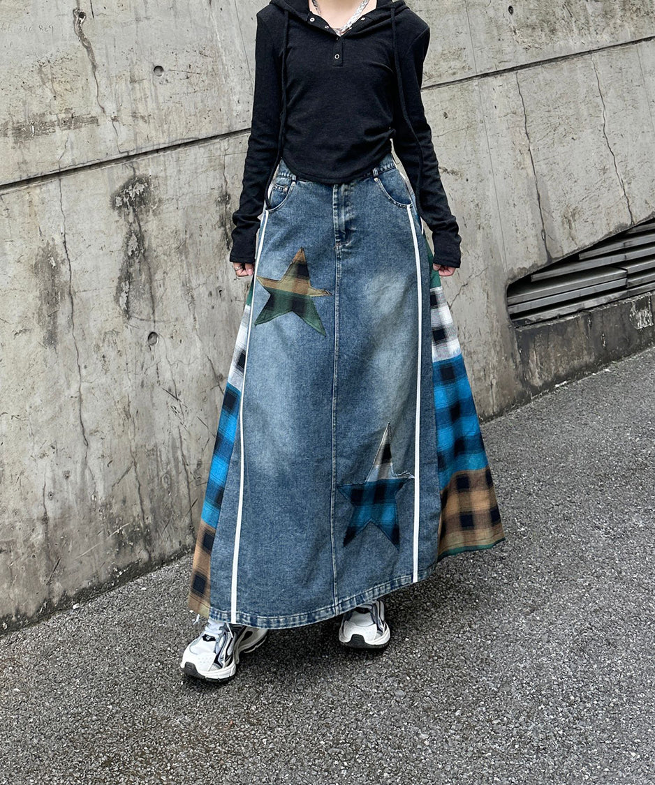 Contrast Check Denim Skirt