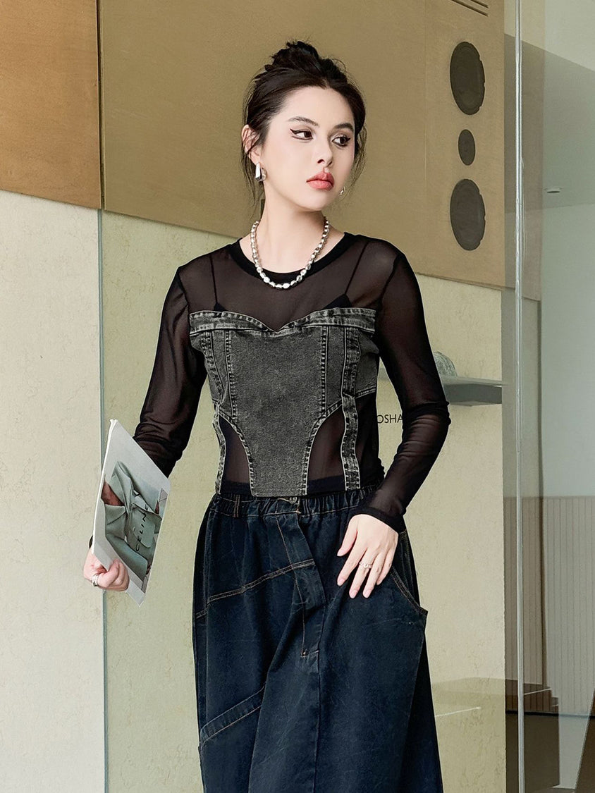 Mesh stitch denim top