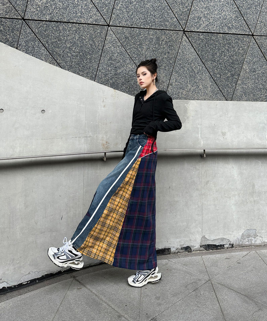 Contrast Check Denim Skirt