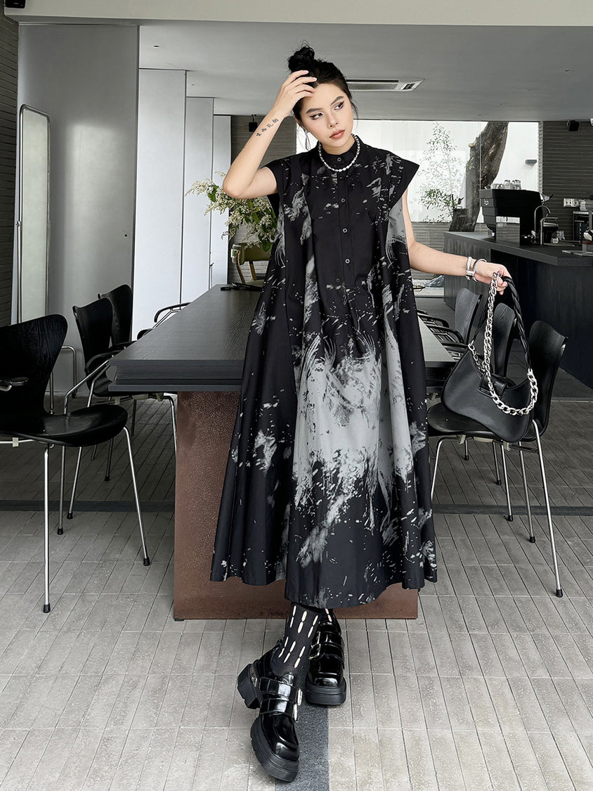 French Sleeve Print Flared Dress