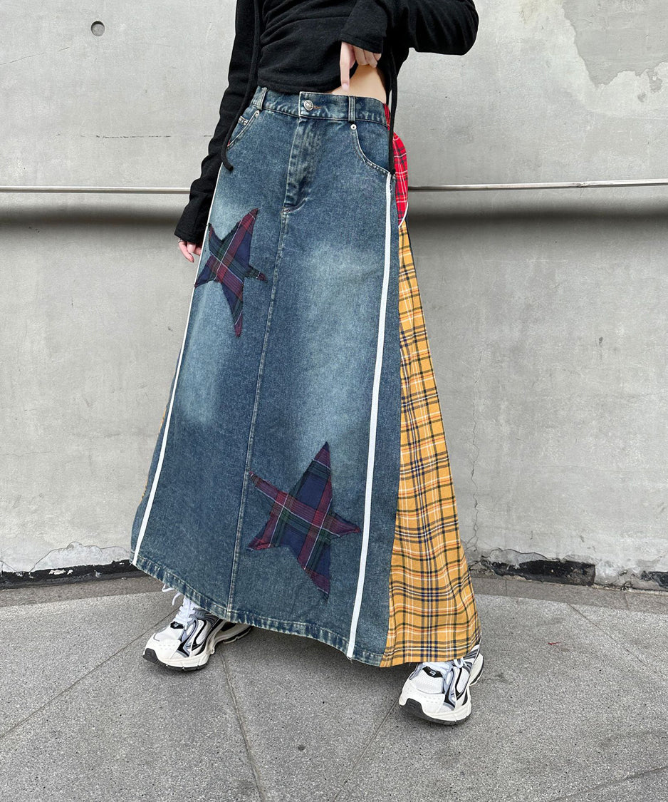 Contrast Check Denim Skirt