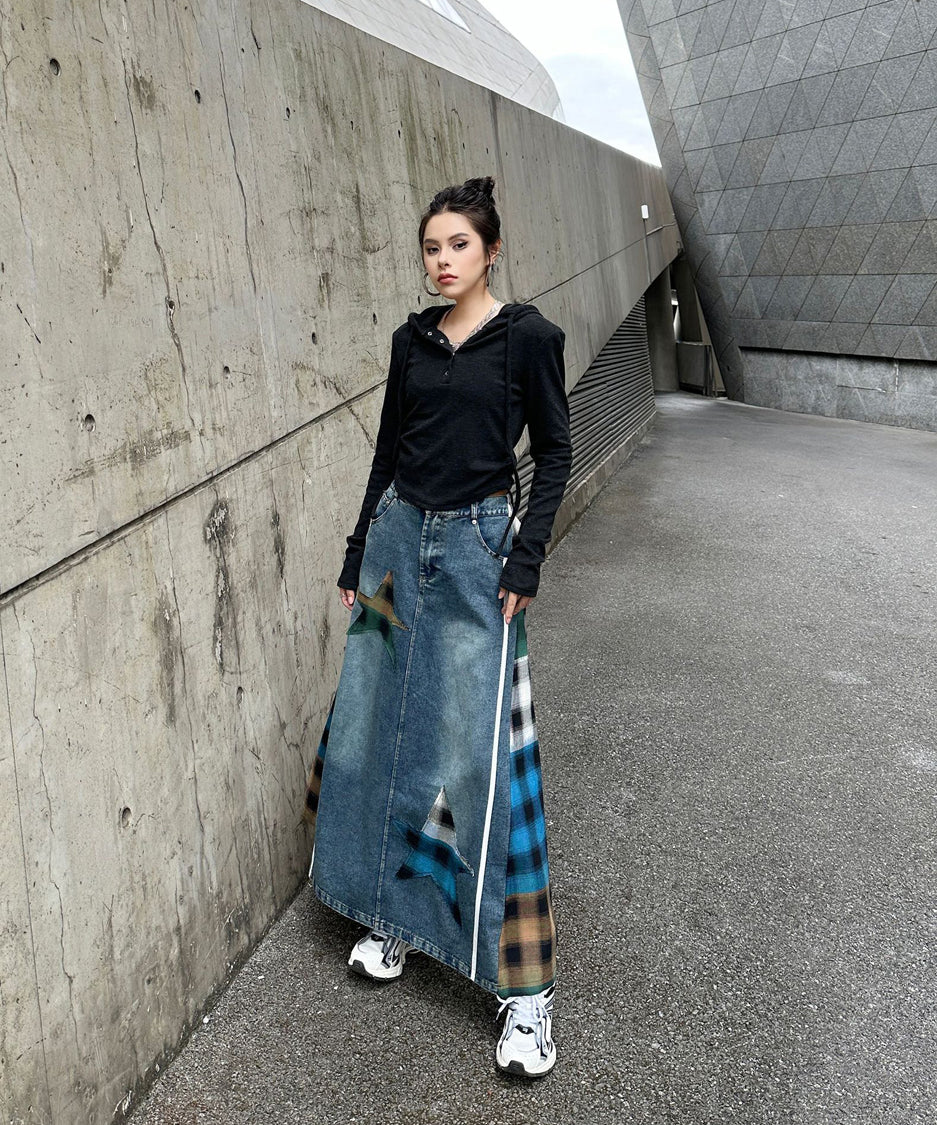 Contrast Check Denim Skirt