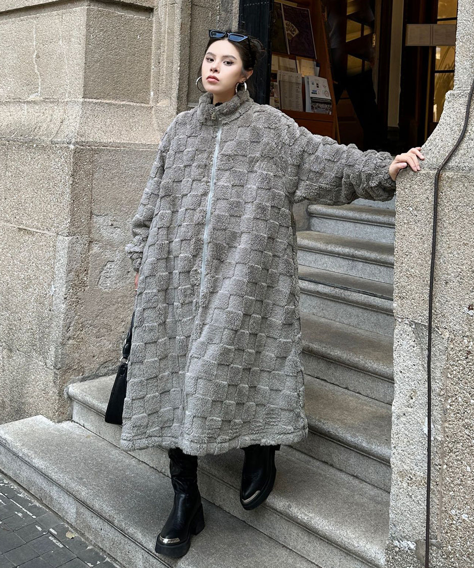Checkered Pattern Boa Coat