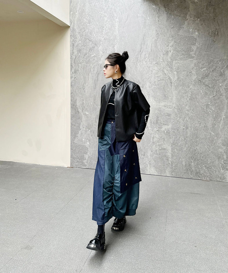Contrast Denim High-Waist Skirt