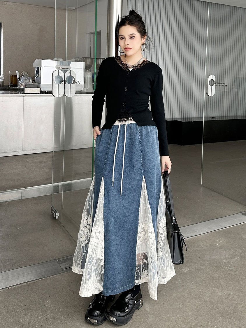 Cross-border lace denim skirt