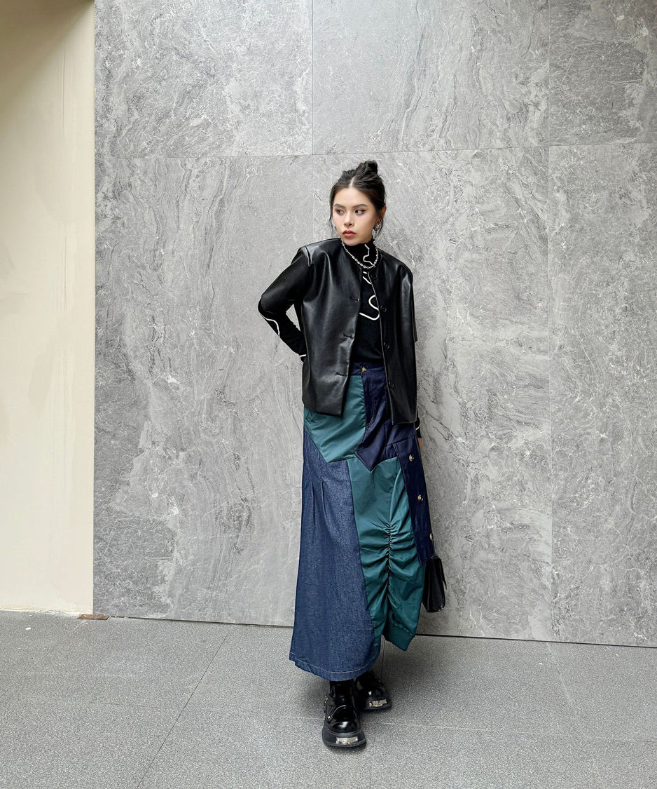 Contrast Denim High-Waist Skirt