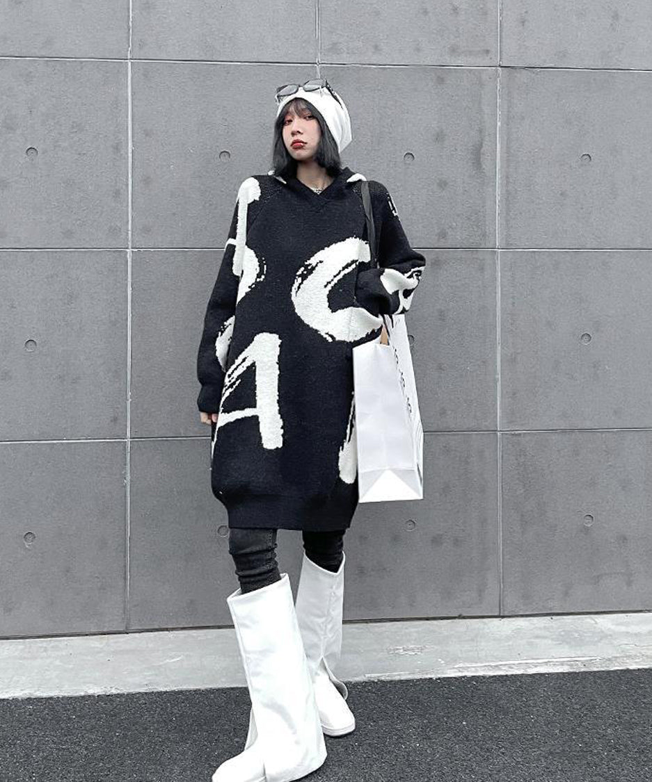 Letter Jacquard Hoodie Knit Dress