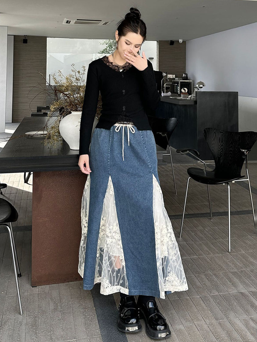 Cross-border lace denim skirt