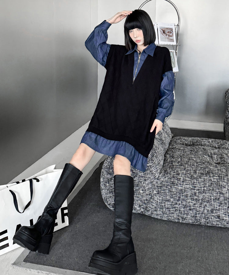 Denim knit layered dress