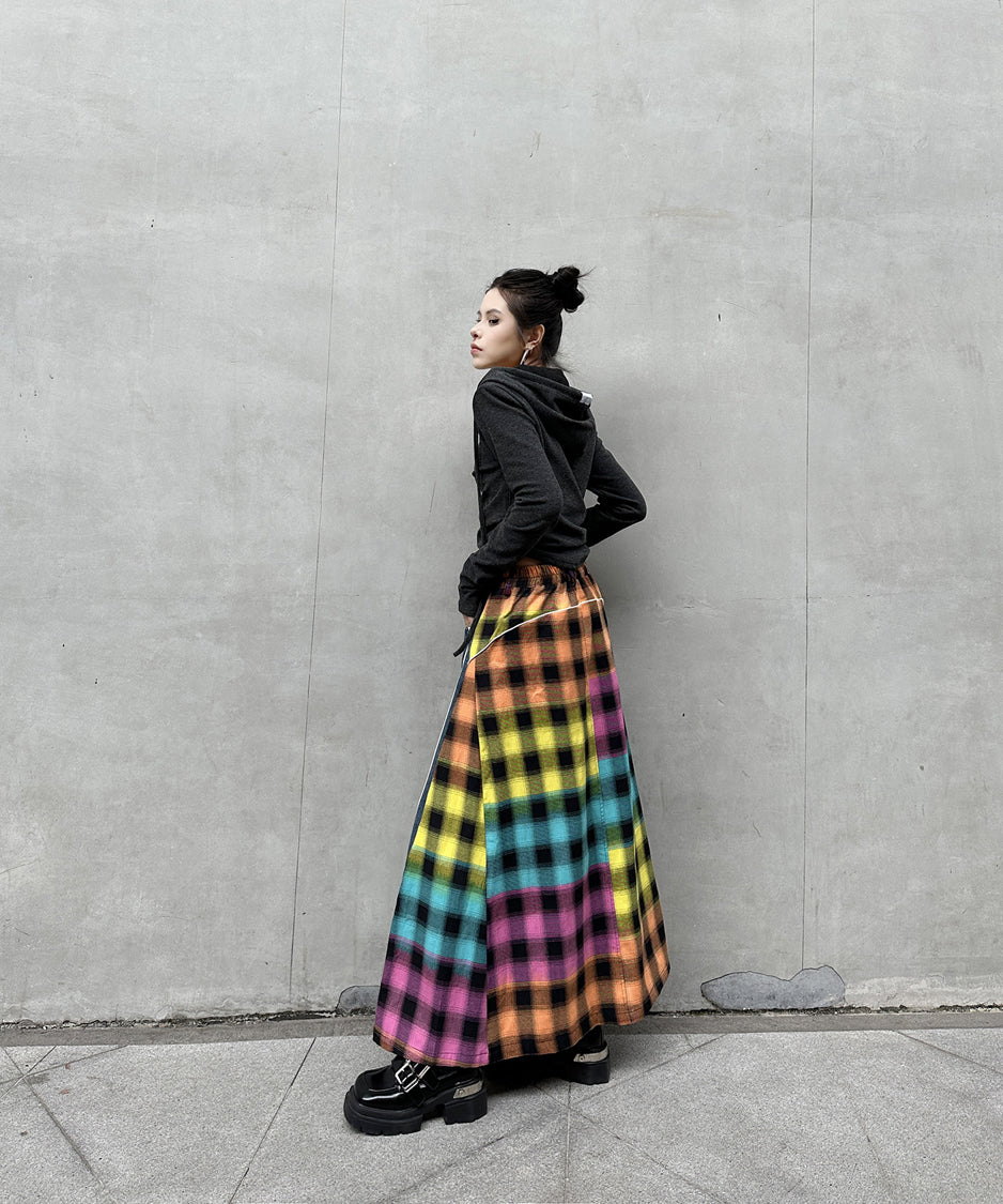 Contrast Check Denim Skirt