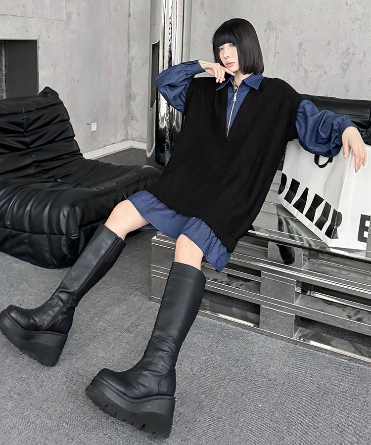 Denim knit layered dress