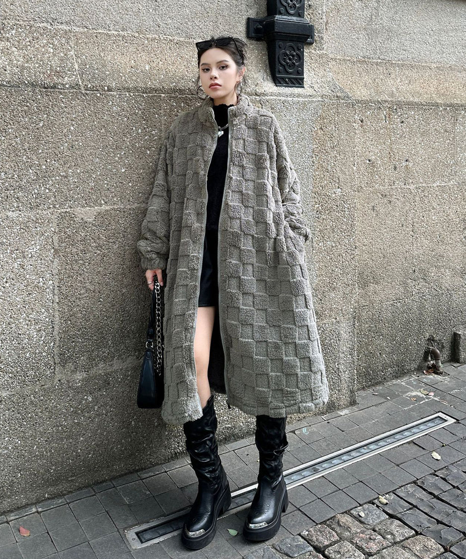 Checkered Pattern Boa Coat