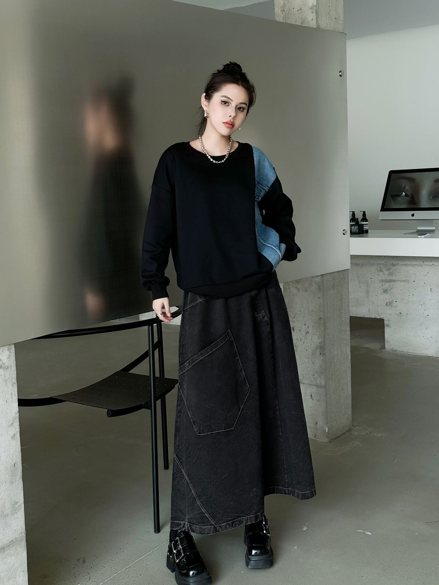 Big Pocket Denim Flare Skirt