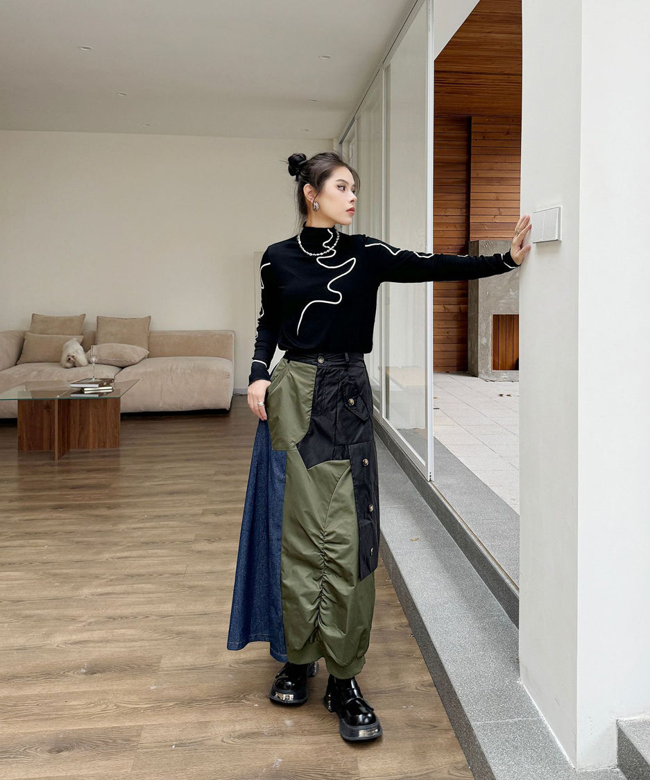 Contrast Denim High-Waist Skirt