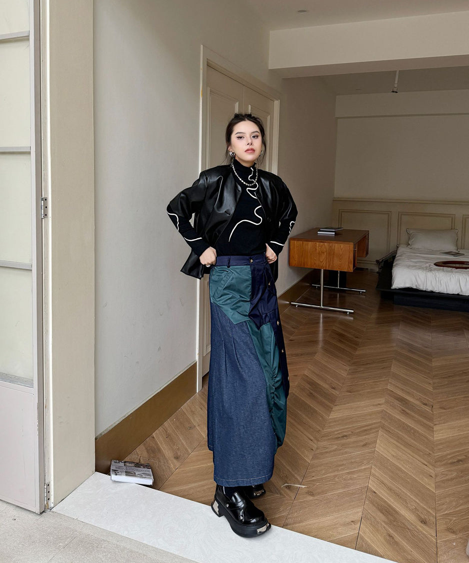 Contrast Denim High-Waist Skirt