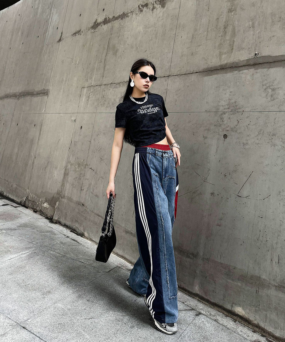 Side line drawstring denim pants