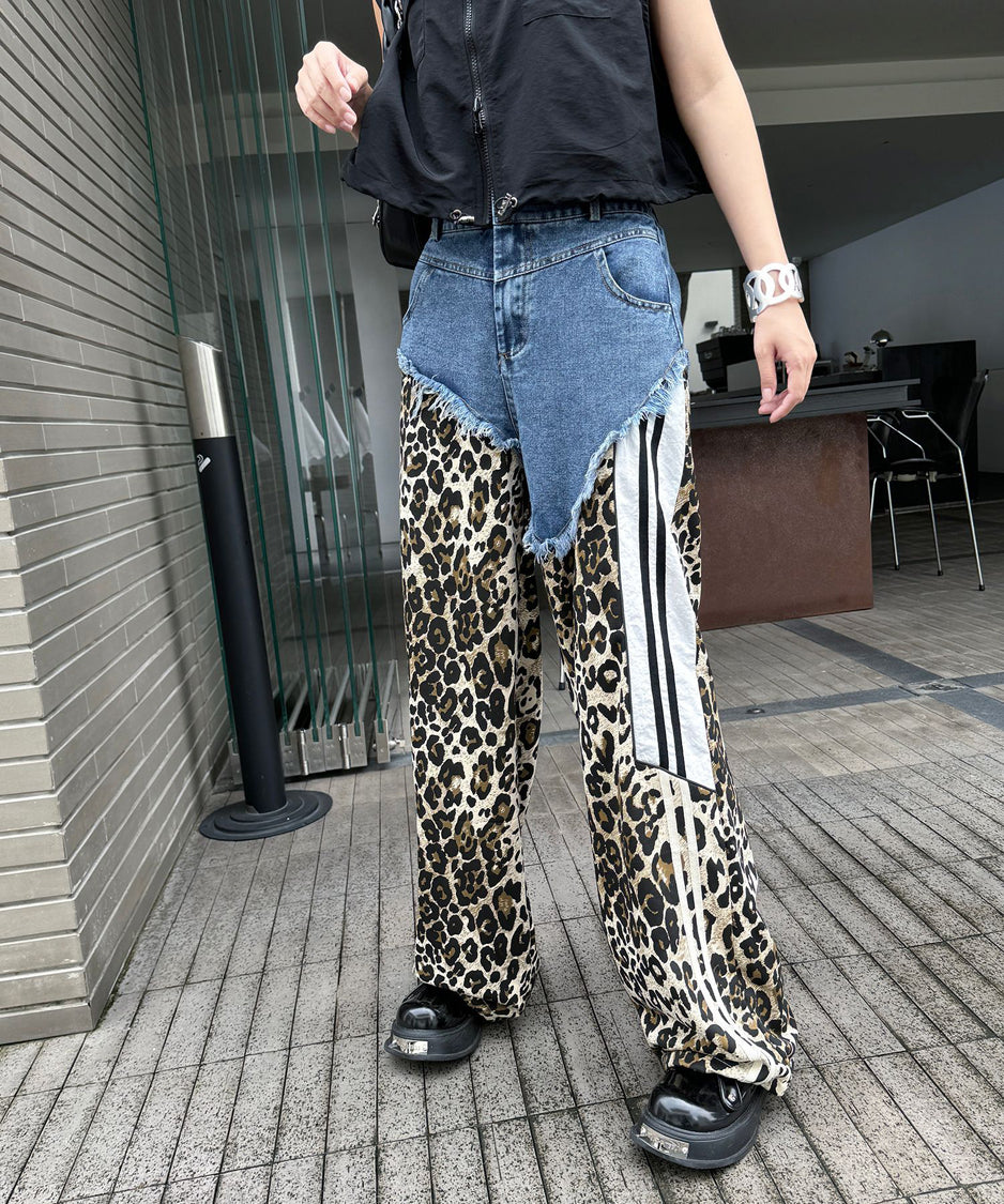 Leopard print contrast denim pants