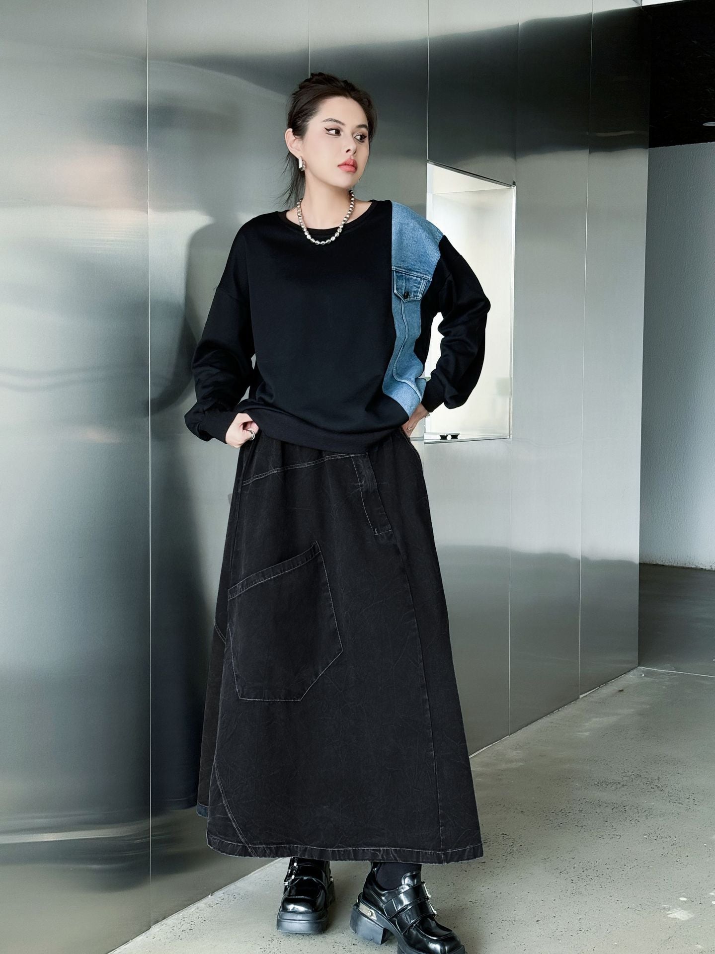 Big Pocket Denim Flare Skirt