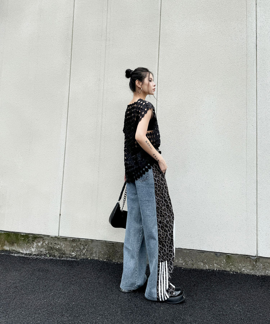 Side leopard print denim pants