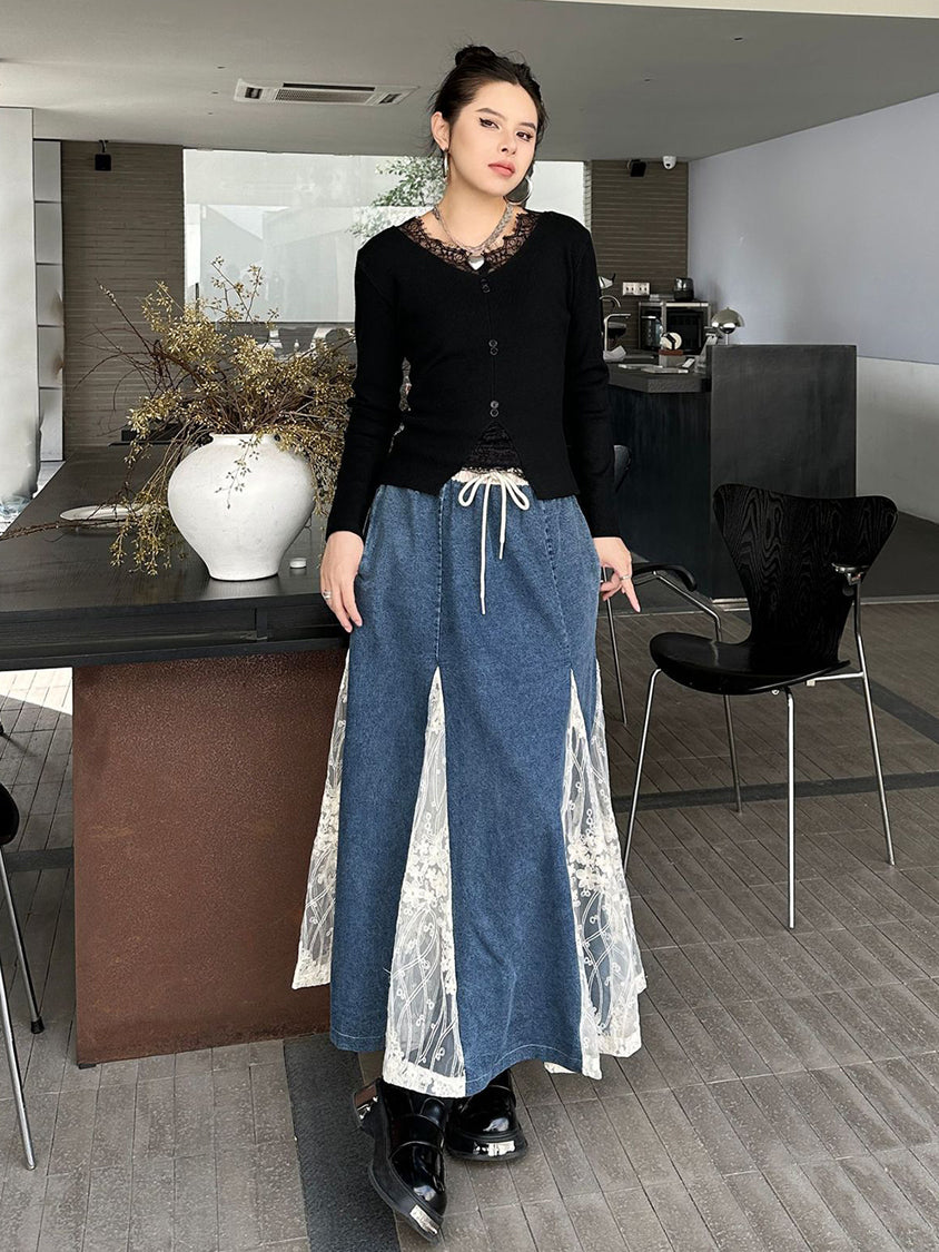 Cross-border lace denim skirt