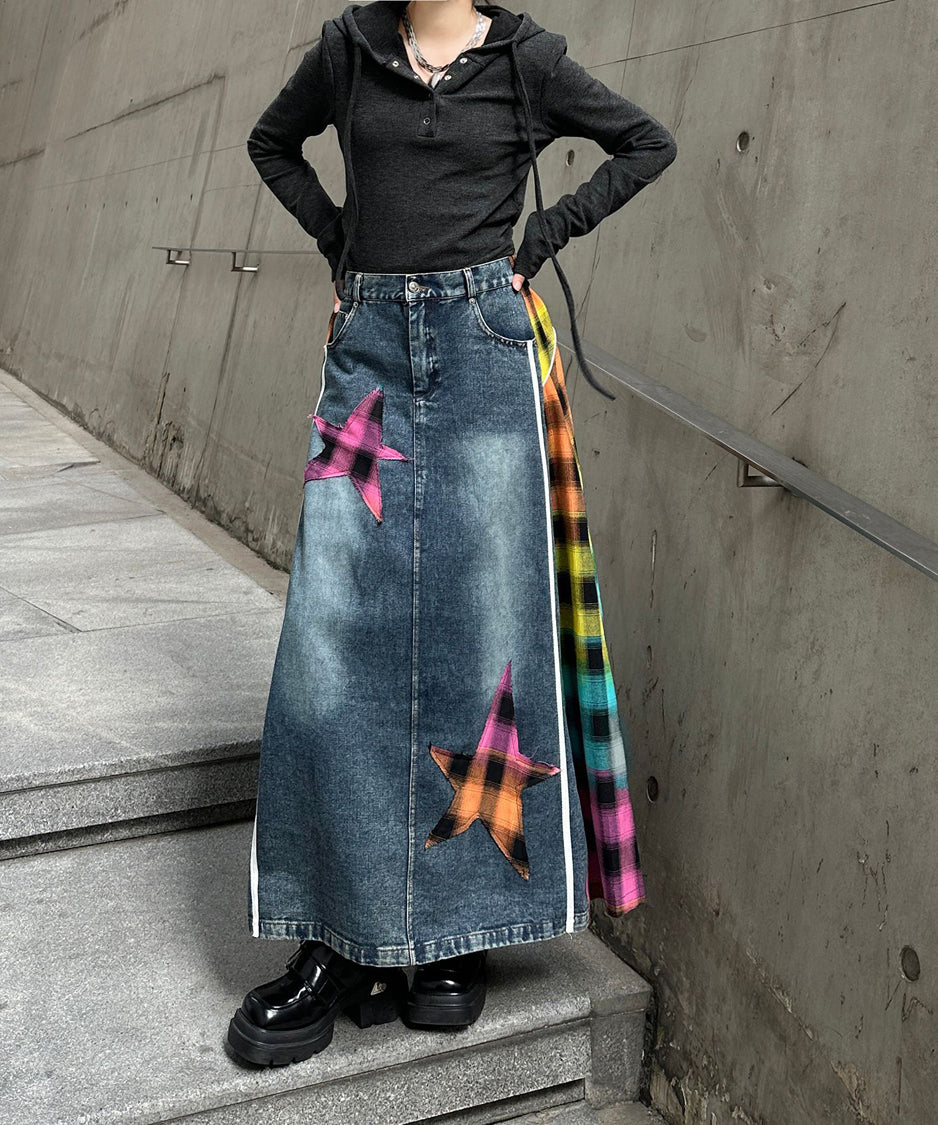 Contrast Check Denim Skirt