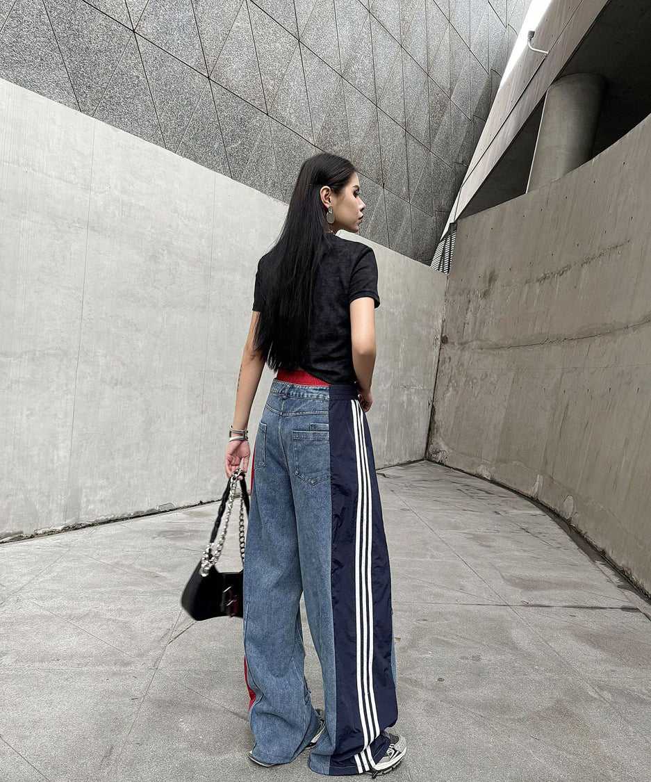 Side line drawstring denim pants