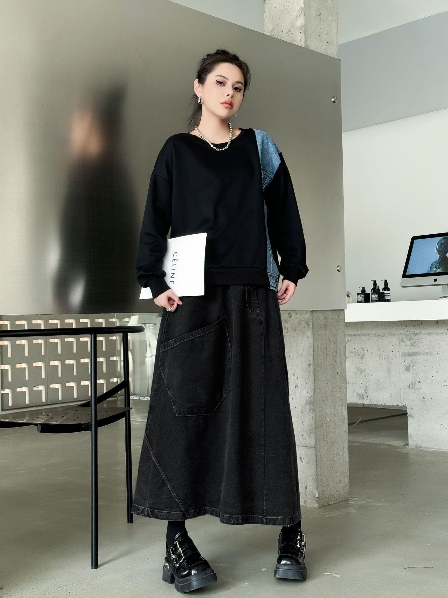 Big Pocket Denim Flare Skirt