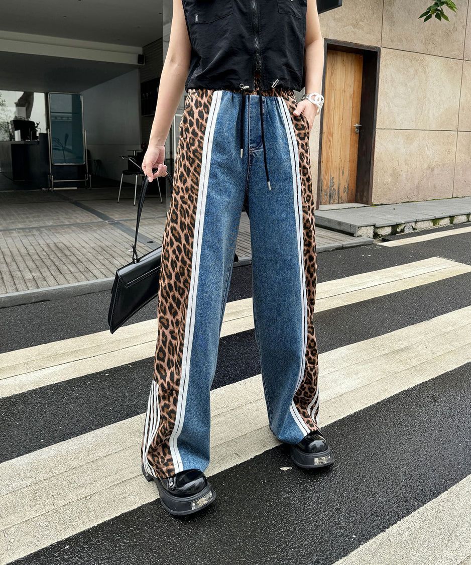 Side leopard print denim pants