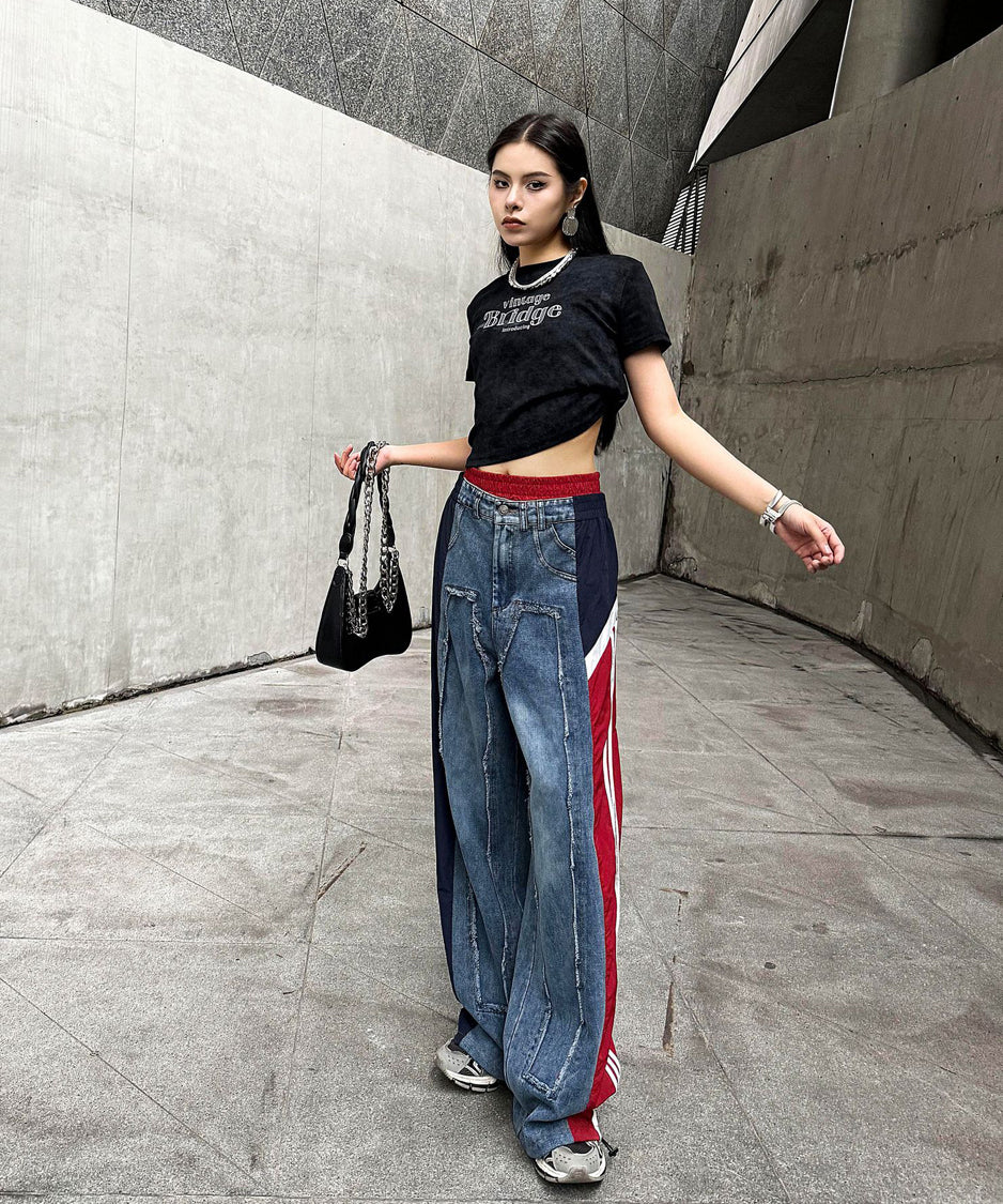 Side line drawstring denim pants