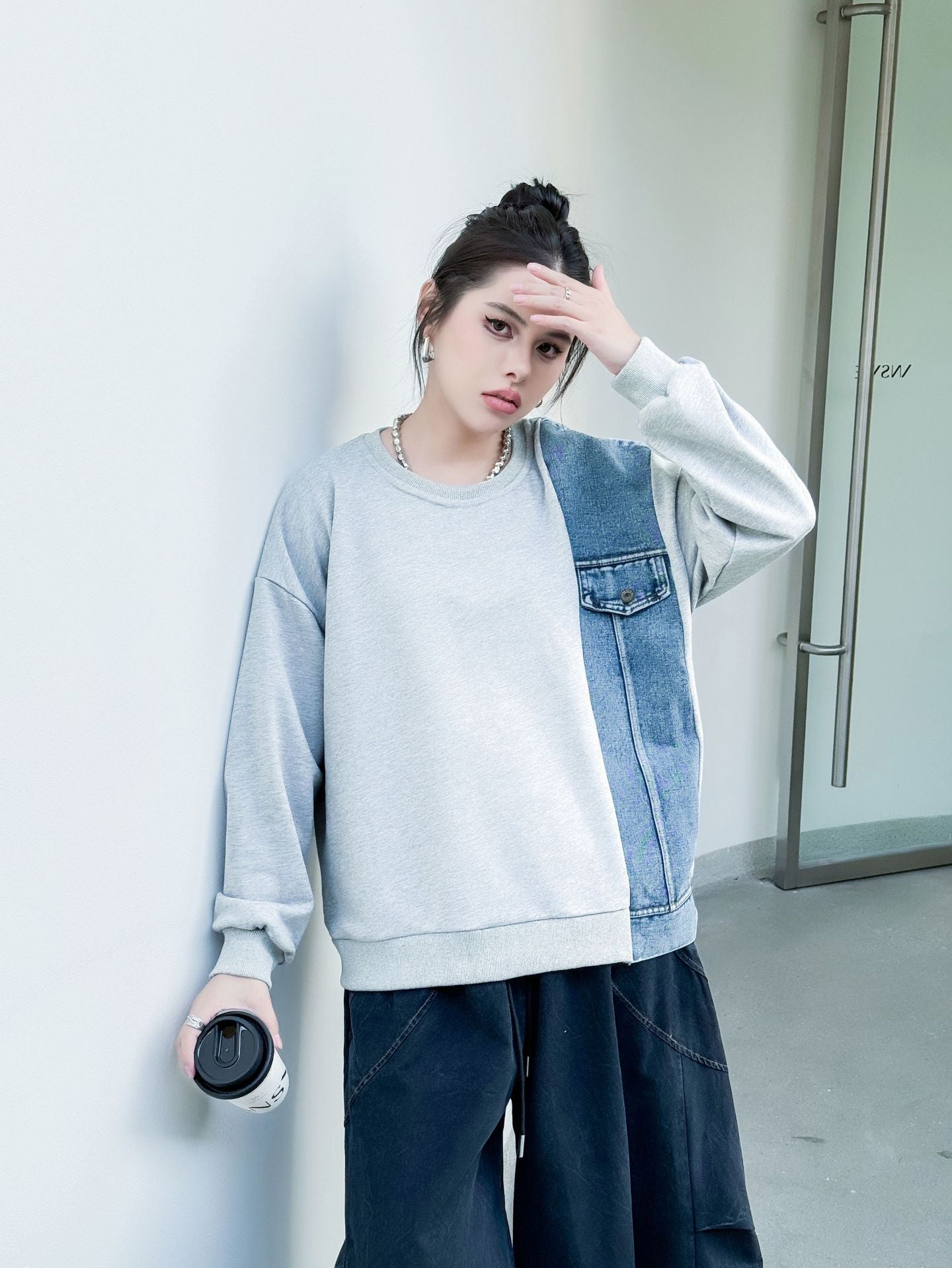 Denim stitch contrast top