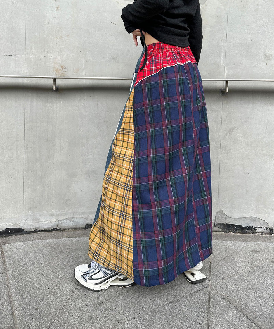 Contrast Check Denim Skirt