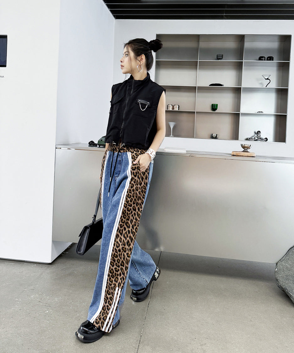 Side leopard print denim pants