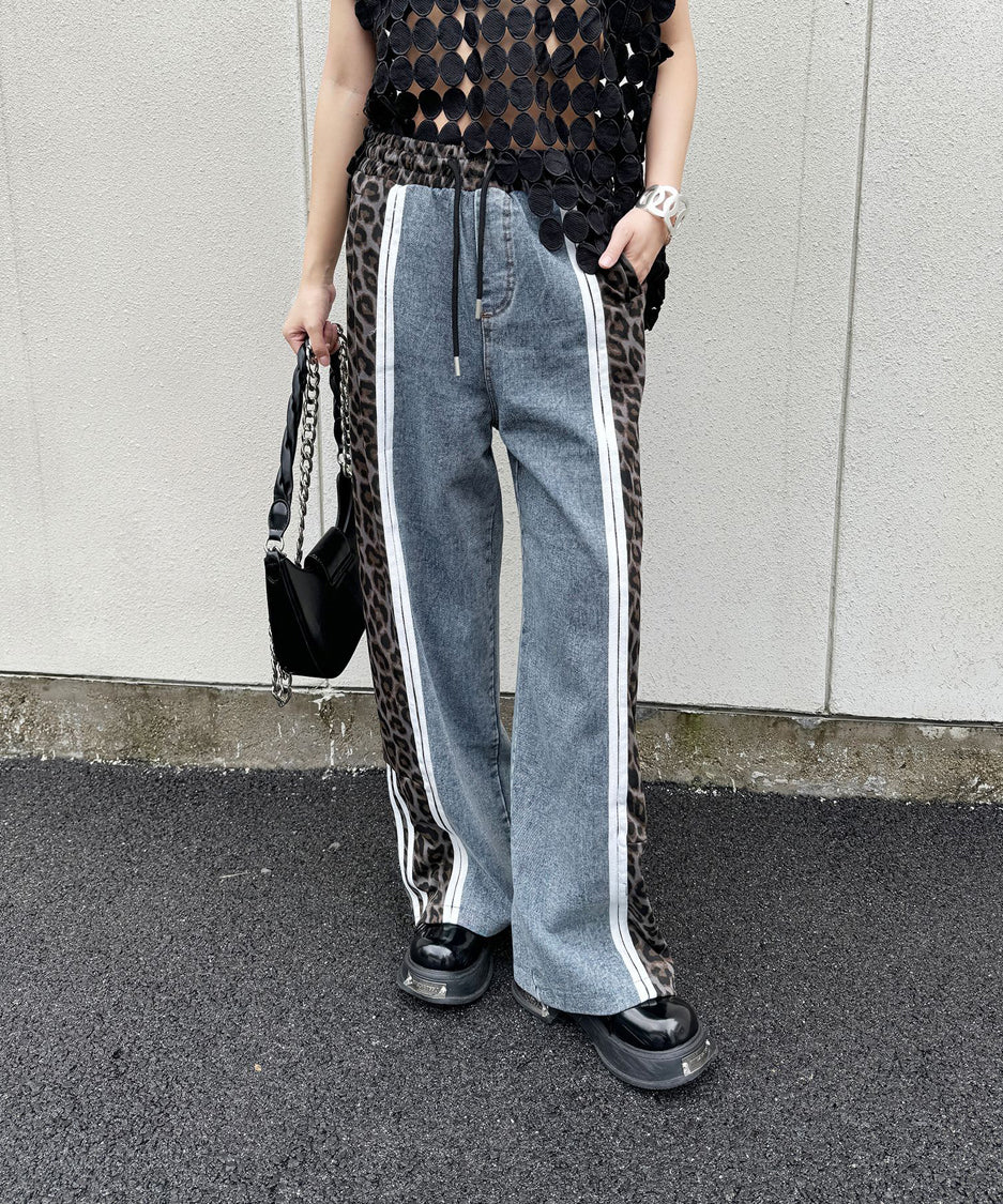 Side leopard print denim pants