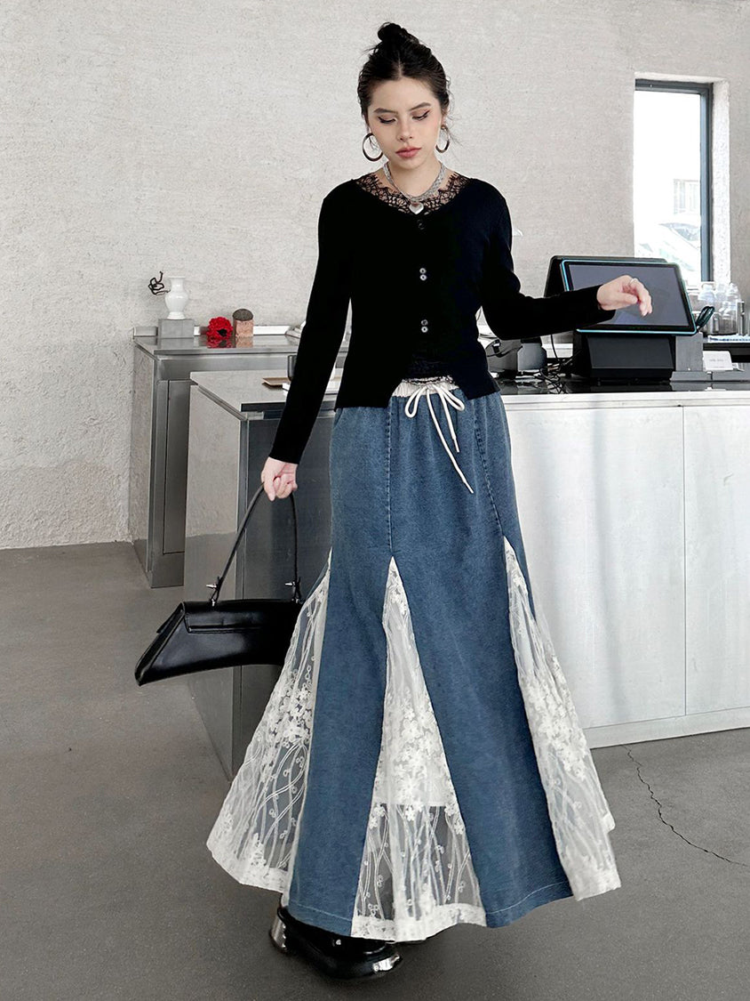 Cross-border lace denim skirt