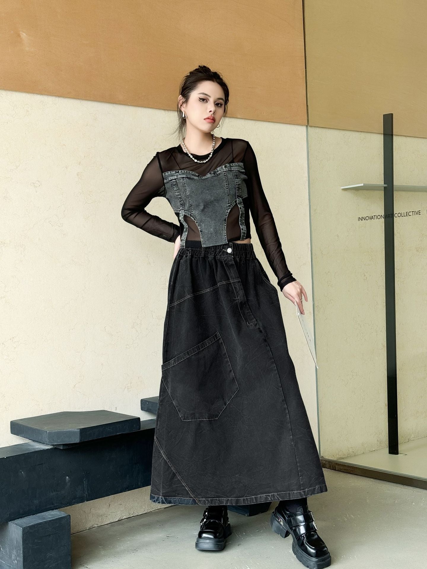 Big Pocket Denim Flare Skirt