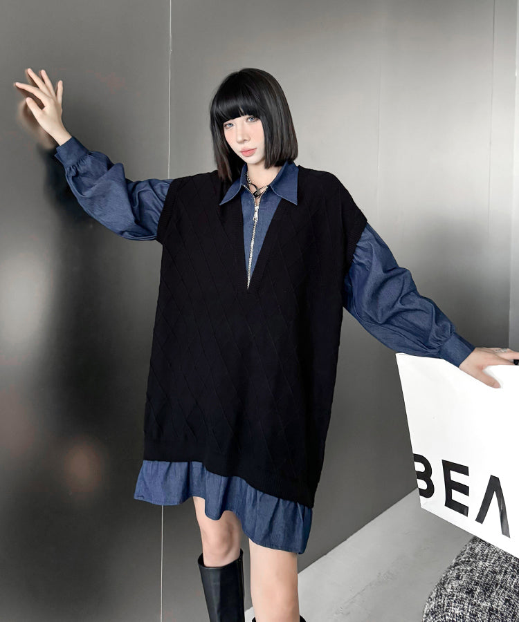 Denim knit layered dress