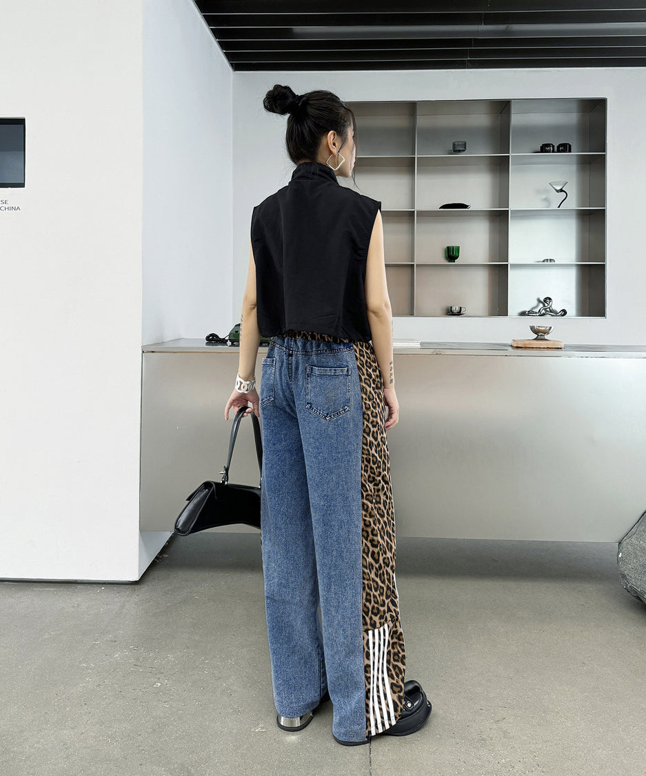 Side leopard print denim pants