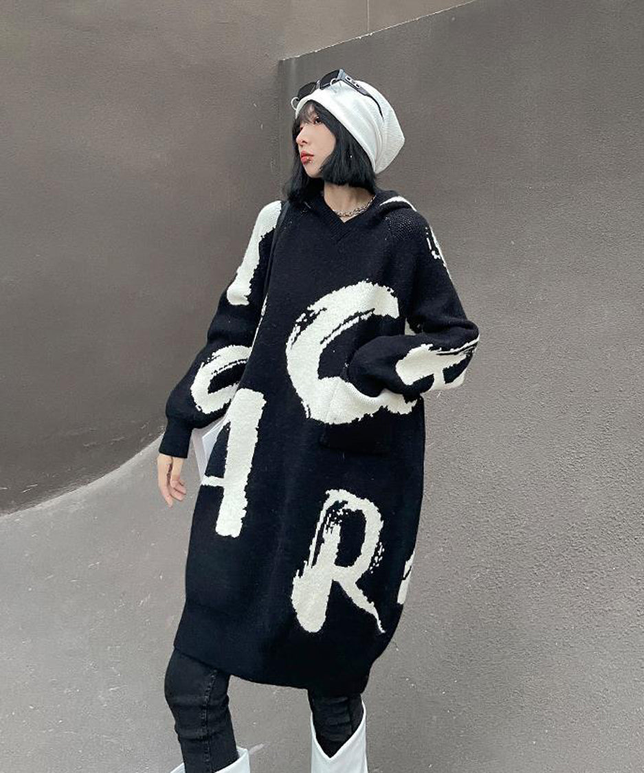Letter Jacquard Hoodie Knit Dress