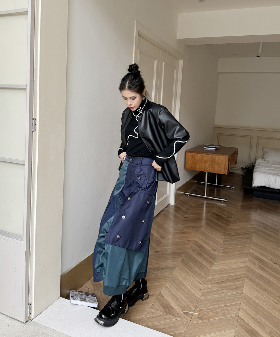 Contrast Denim High-Waist Skirt