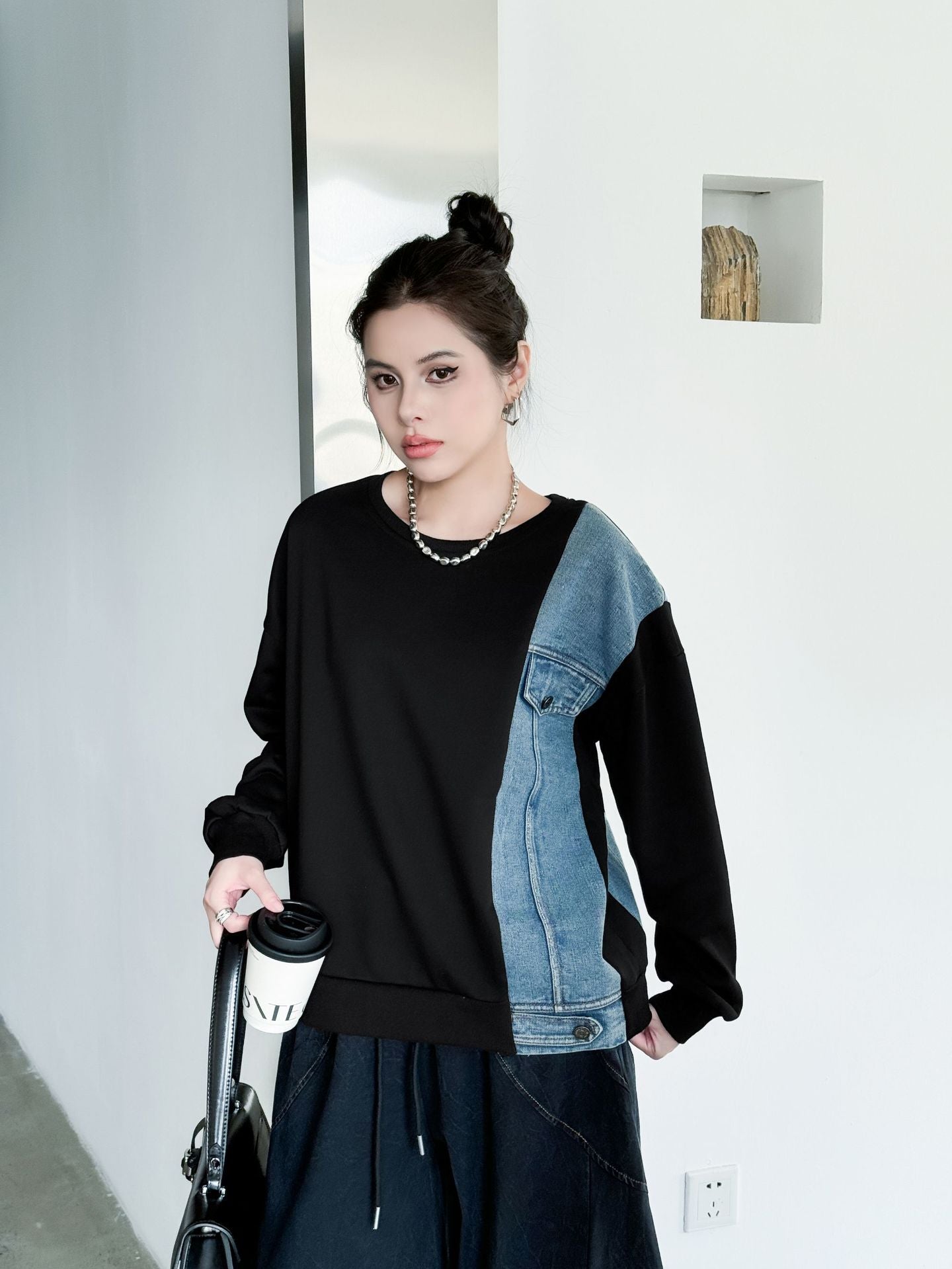 Denim stitch contrast top