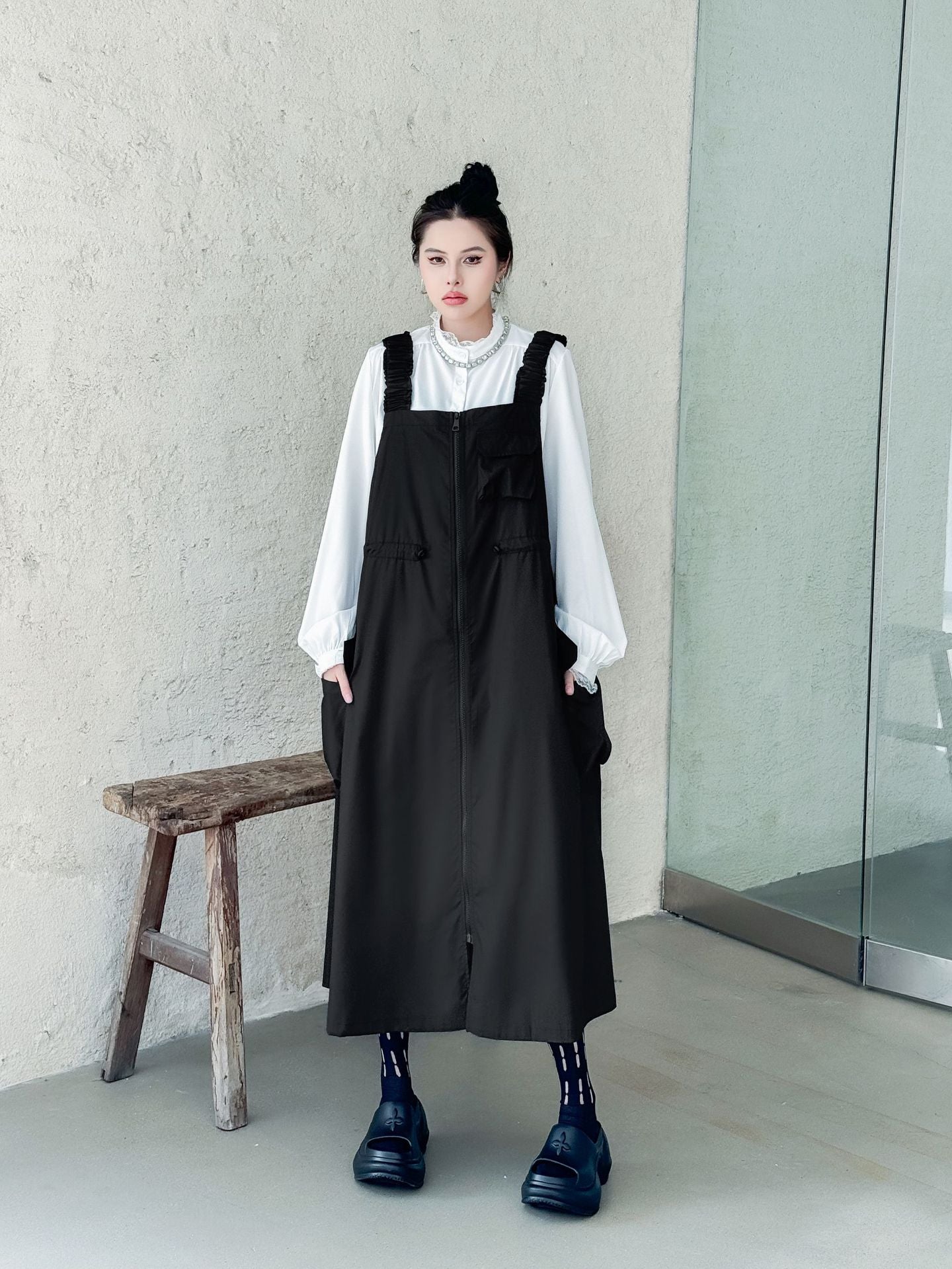 Patchwork Pocket Suspender Dress