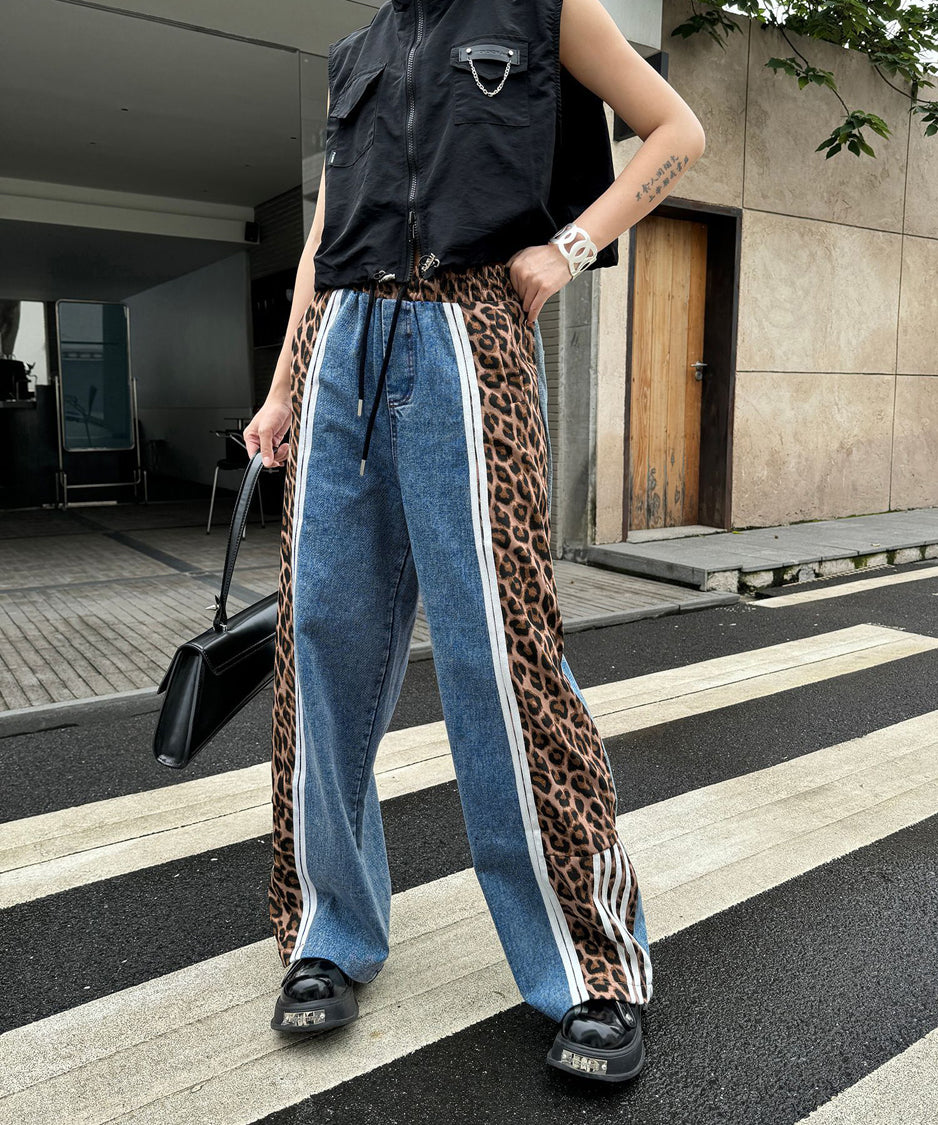 Side leopard print denim pants