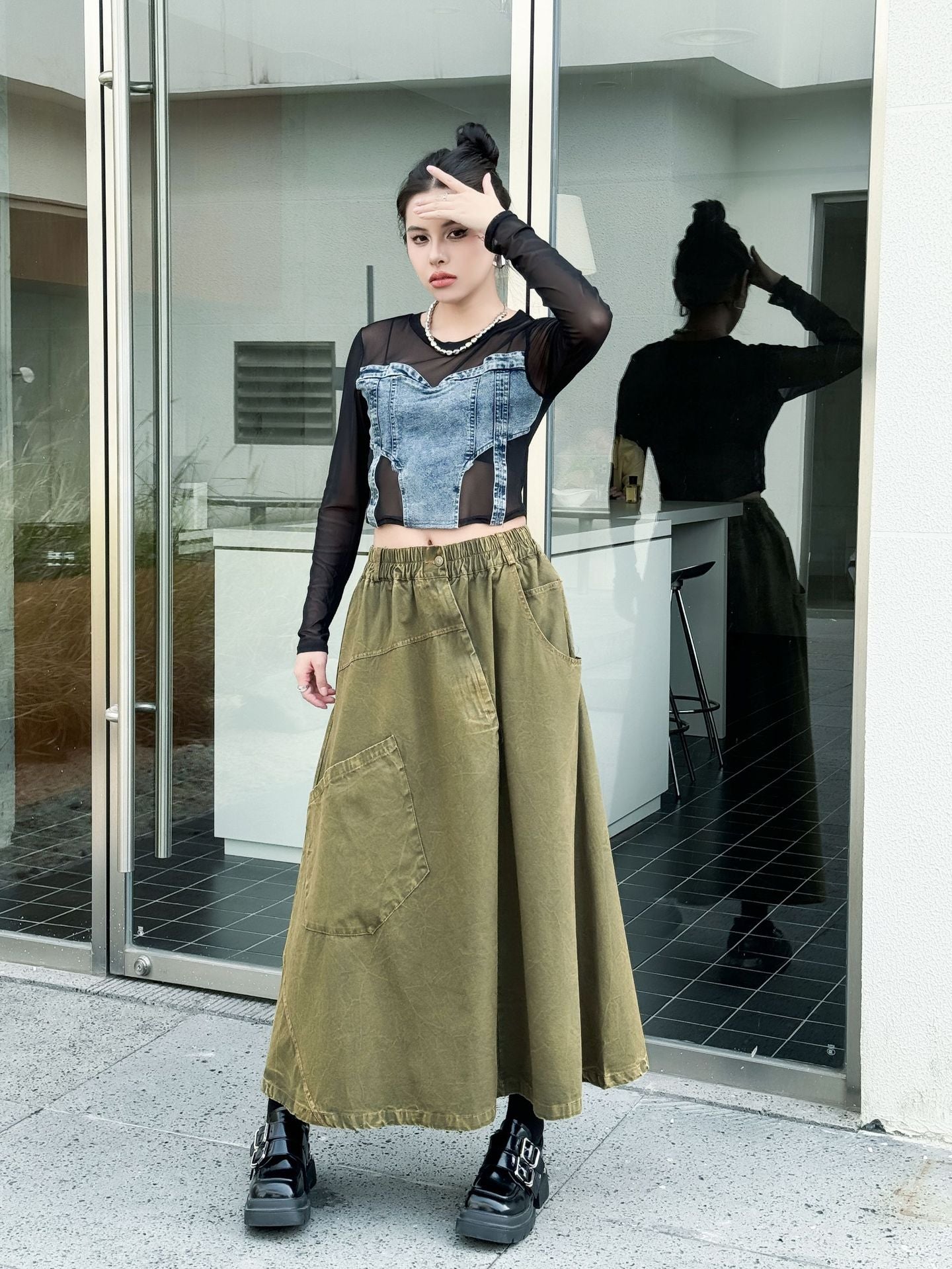 Big Pocket Denim Flare Skirt