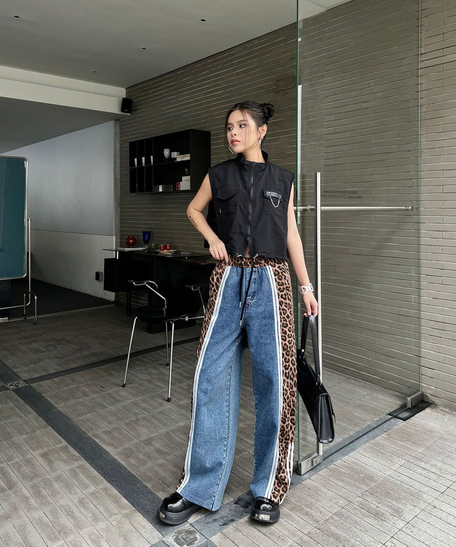 Side leopard print denim pants