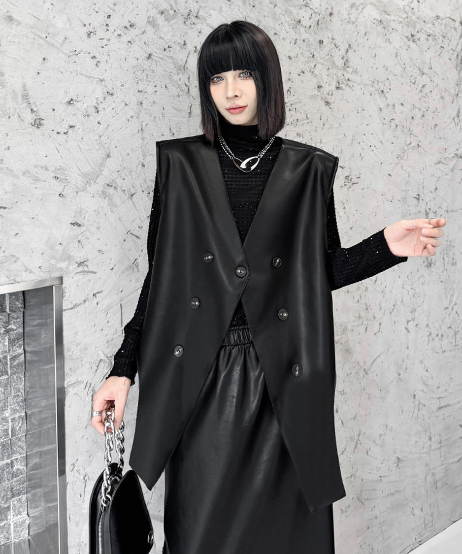 Asymmetrical faux leather vest