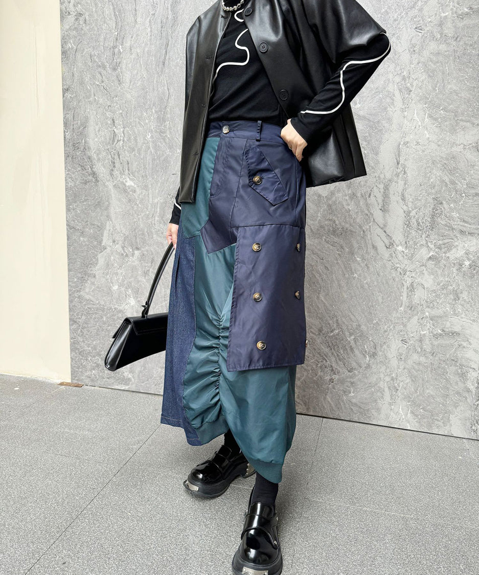 Contrast Denim High-Waist Skirt