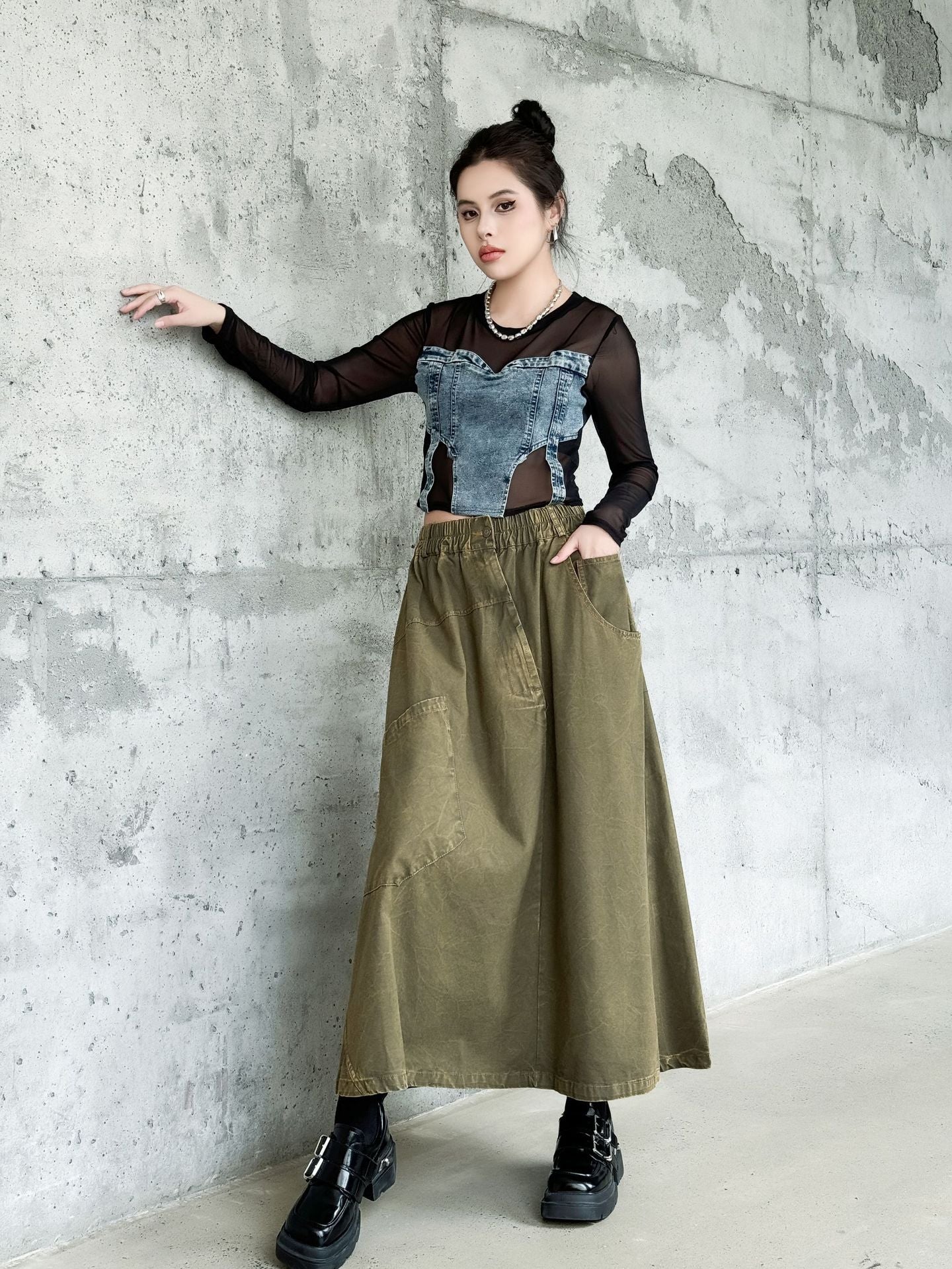 Big Pocket Denim Flare Skirt