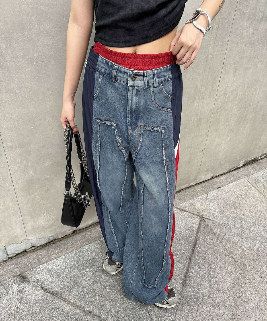 Side line drawstring denim pants