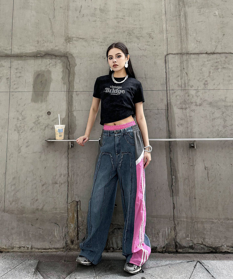 Side line drawstring denim pants