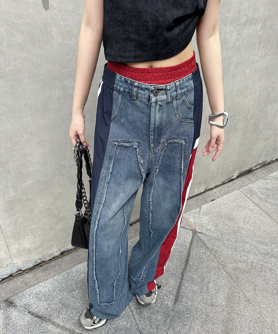 Side line drawstring denim pants